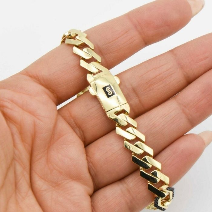 Goldarmband Damen Herren 585 : 14 Karat Gelbgold 9mm Rand Miami Cuban Figaro Link mit Onyx - Armband